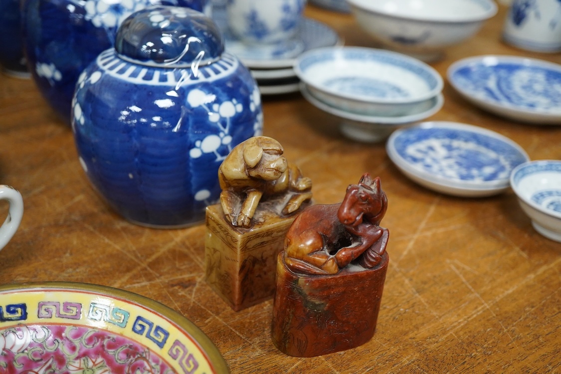 Mixed Chinese blue and white china, including two jars and covers, teapot, two hard stone carvings a celedon vase etc tallest 26cm high